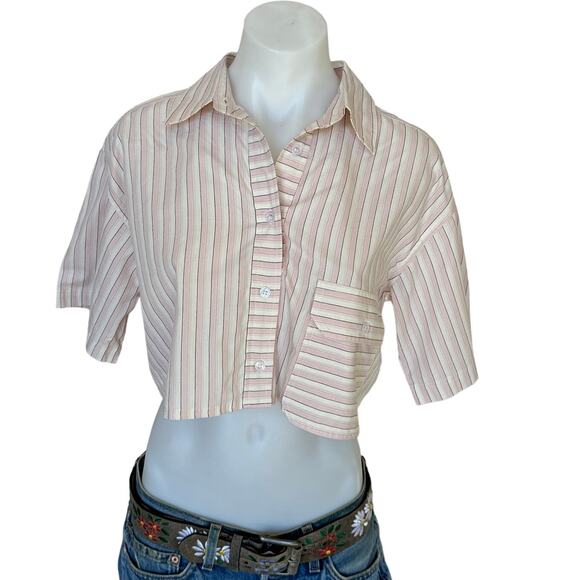 Steve Madden Pink Striped Crop Top XS Button Down Shirt Oversized Boxy $64 NEW - Picture 4 of 7